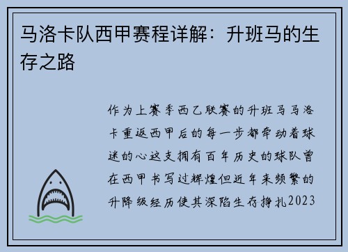 马洛卡队西甲赛程详解：升班马的生存之路